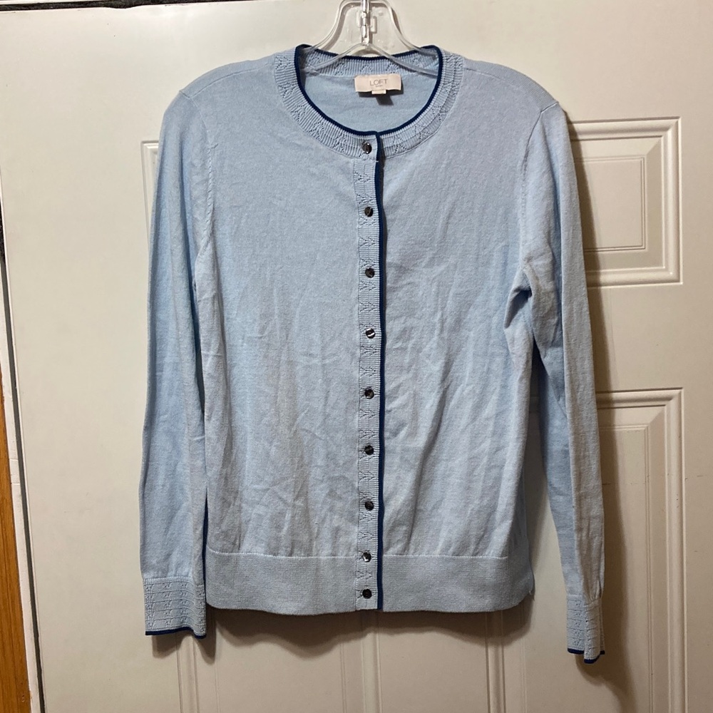 LOFT Sky Blue Cardigan with Navy Trim S